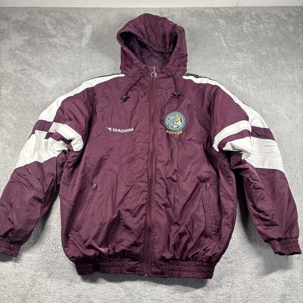Vintage 90's Diadora Men's Winter Puffer‎ Hooded Jacket Burgundy Size Medium